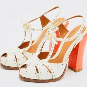 Fendi Chameleon White/Orange Lizard Embossed/Patent Cut Out T-Strap Sandals